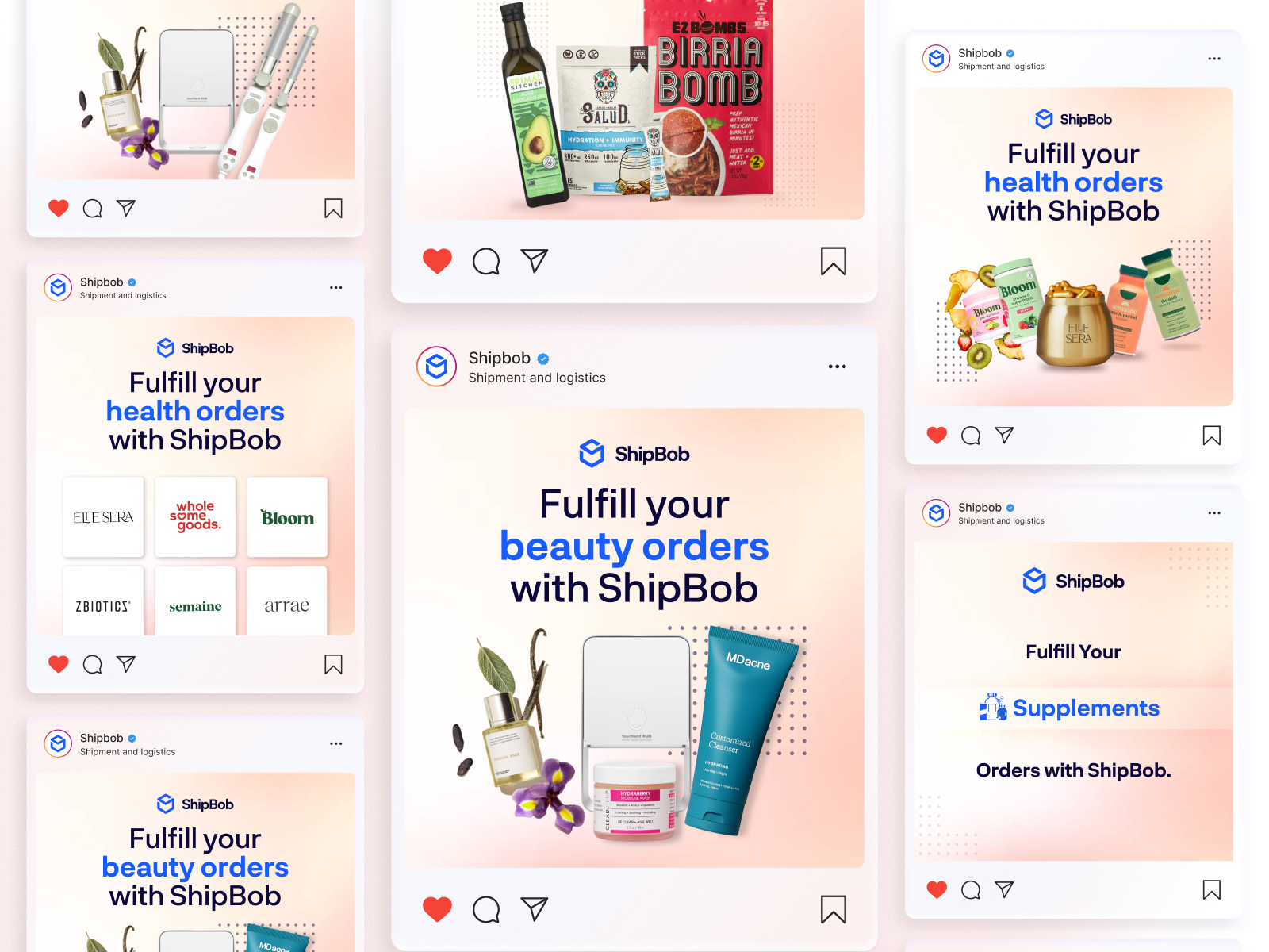 ShipBob Ad Campaign Design | Vibrant, Product-Led Visual Storytelling Across Wellness Brands