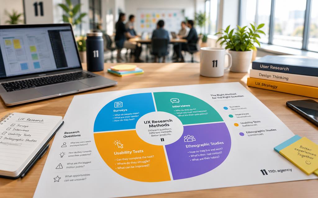 A UX research methods overview chart grouped by question type