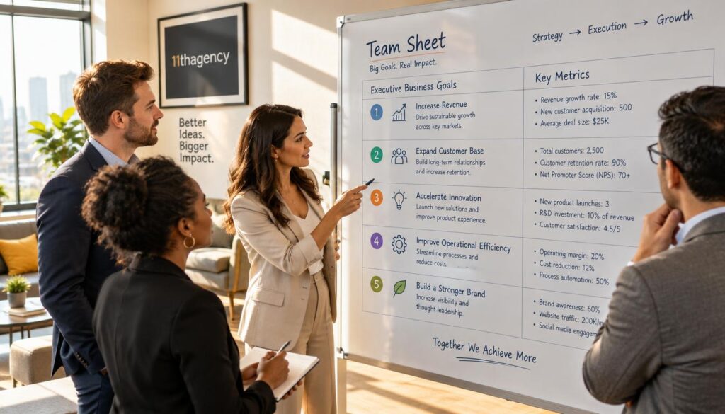 A bright and modern office space featuring a large whiteboard filled with a detailed team sheet. The sheet displays executive business goals and corresponding metrics, organized neatly side by side. In the foreground, a group of four professionals dressed in smart business attire are gathered around the board, actively discussing the goals. The lighting is warm and inviting, with sunlight streaming in from large windows, casting soft shadows. The angle captures both the whiteboard and the engaged faces of the team members, creating a collaborative atmosphere. The background hints at a contemporary office with sleek furniture and motivational decor. Emphasize clarity and focus on the content of the team sheet. Incorporate the brand name "11thagency" subtly into the scene, perhaps in a framed logo on the wall.