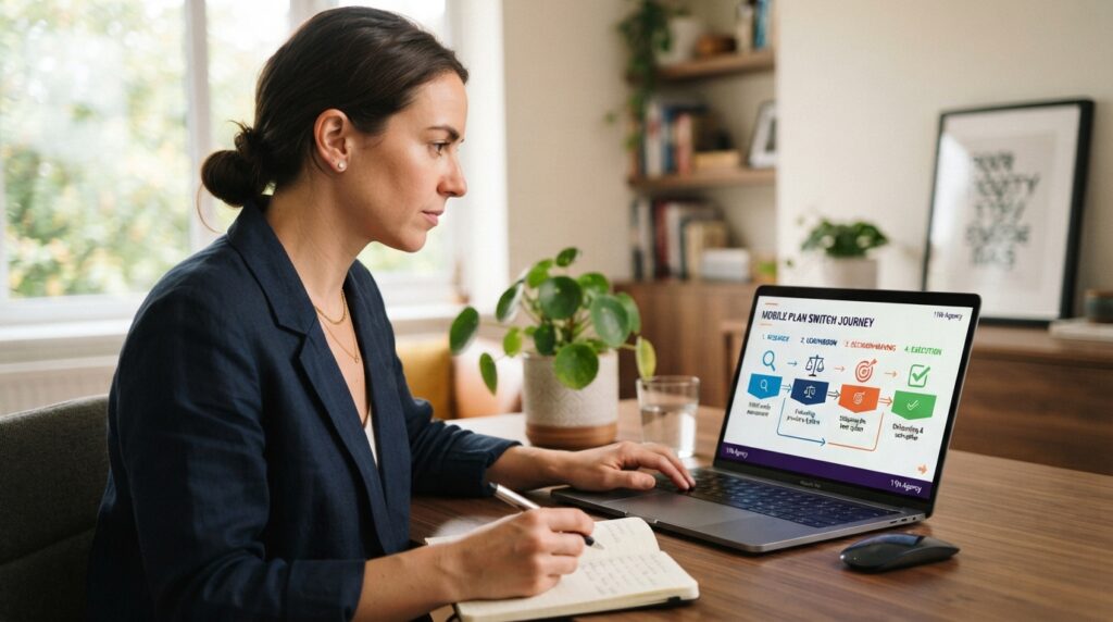 A consumer mapping a phone plan switch across four stages on a laptop screen
