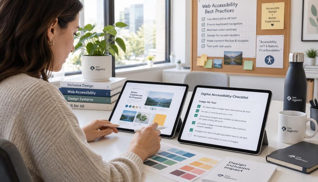 A designer checking image alt text on a web accessibility checklist for designers.