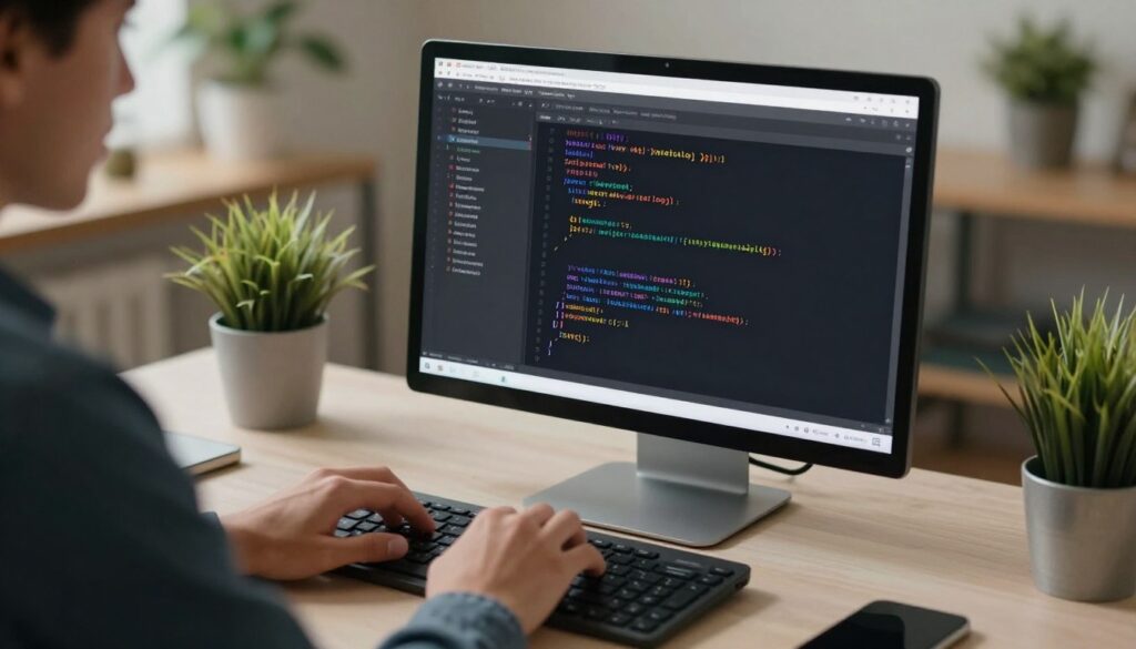 A developer typing a loading attribute into an img tag in a text editor
