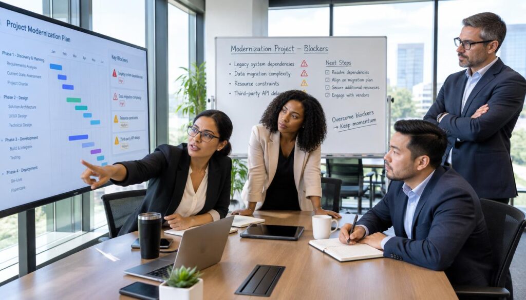 A diverse leadership team of four professionals in a modern conference room, dressed in professional business attire, gathered around a sleek table, actively reviewing a detailed project plan on a digital screen. The foreground features a woman with glasses pointing to a specific issue on the screen, while a man next to her takes notes. In the middle, a thoughtful woman leans forward, and a man is seen crossing his arms, contemplating the blockers illustrated on a large whiteboard behind them. The background reveals large windows allowing natural light to pour in, creating a bright, productive atmosphere. The mood is one of focused collaboration, underscoring the importance of resolving challenges in a modernization project. Shot with a wide-angle lens to capture the entire scene, emphasizing teamwork and strategizing. 11thagency.