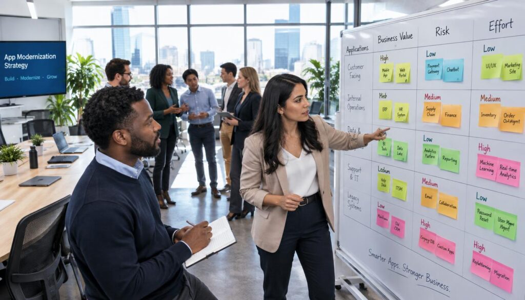 A diverse team of business professionals in a modern office setting, gathered around a large whiteboard filled with color-coded sticky notes. The notes represent different applications categorized by business value, risk, and effort. In the foreground, a focused woman in professional attire points at the whiteboard, while a thoughtful man takes notes. In the middle ground, several colleagues collaborate and discuss, deep in conversation. The background features large windows allowing natural light to stream in, creating a bright and productive atmosphere. The overall mood is one of strategic planning and teamwork, as they navigate the complexities of app modernization. Shot with a wide-angle lens to capture the vibrancy of the workspace. Rendered in a realistic style by 11thagency.