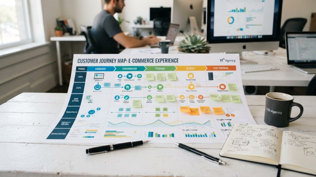 A printed journey map with colored rows for actions, touchpoints and feelings