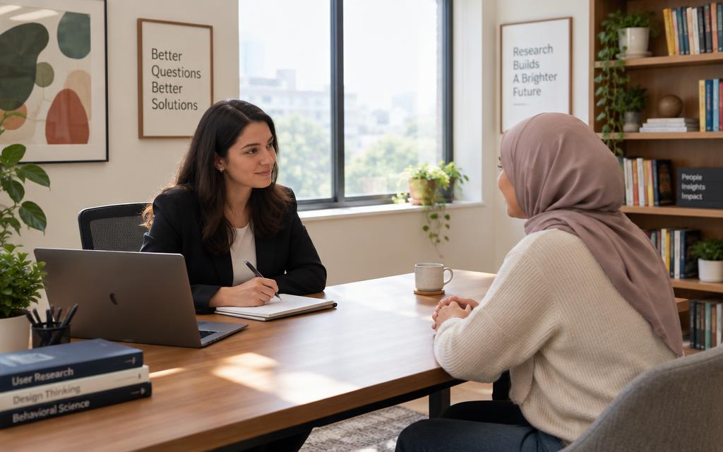A researcher interviews a customer in a small office setting