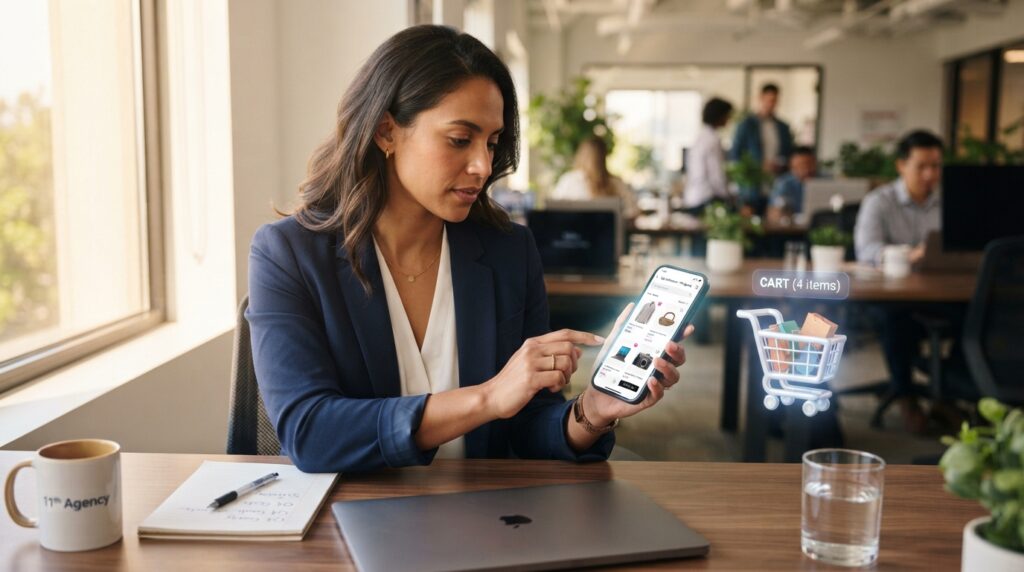 A shopper scrolling a product page on a phone beside a shopping cart icon