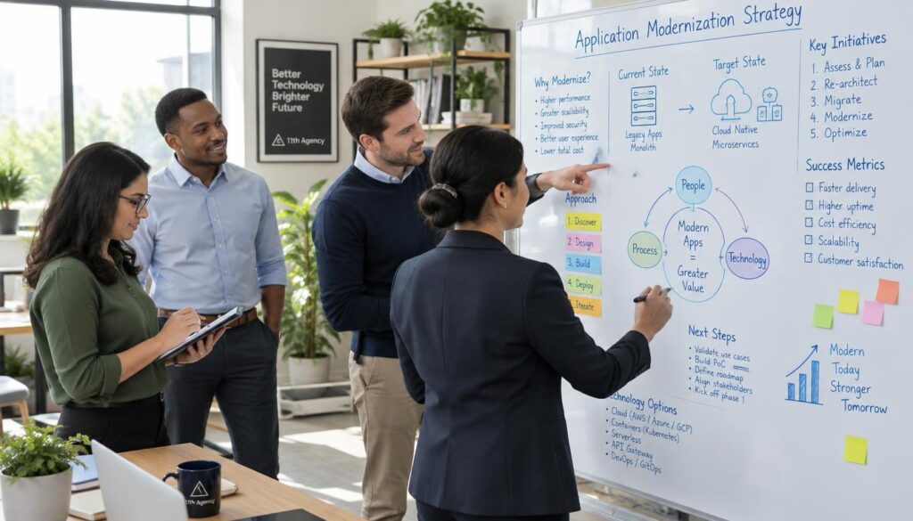 A team planning an application modernization strategy on a whiteboard