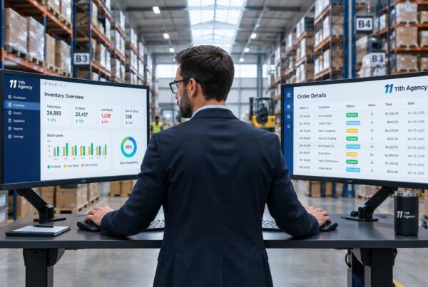 A warehouse manager entering the same order into two separate screens