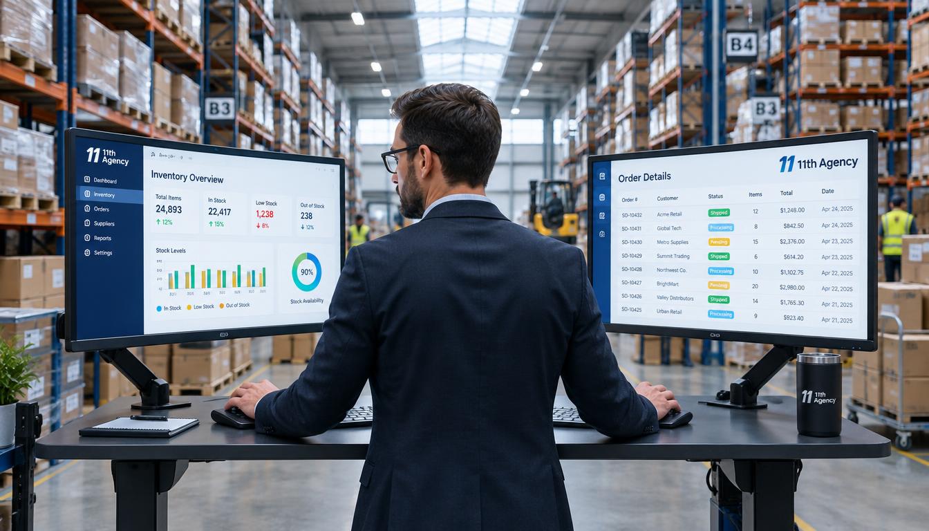 A warehouse manager entering the same order into two separate screens