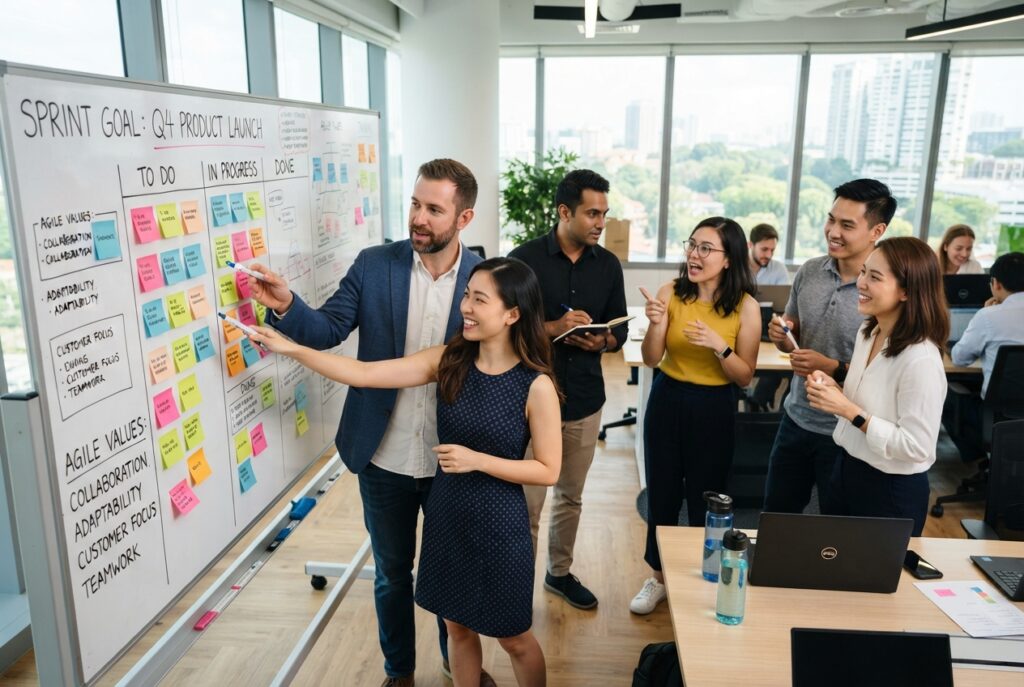 Agile team members agreeing on values written on a whiteboard during a planning meeting