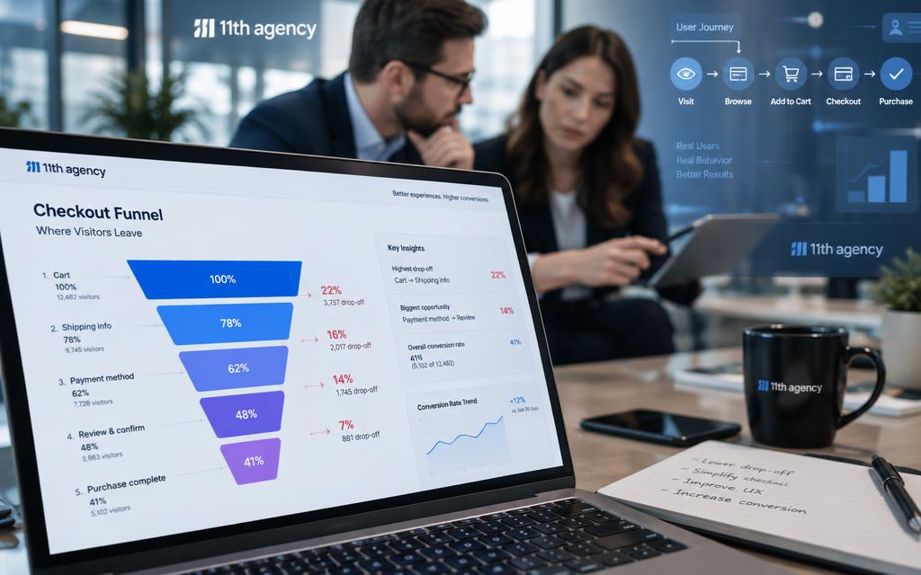 An analytics chart showing visitors leaving a checkout funnel