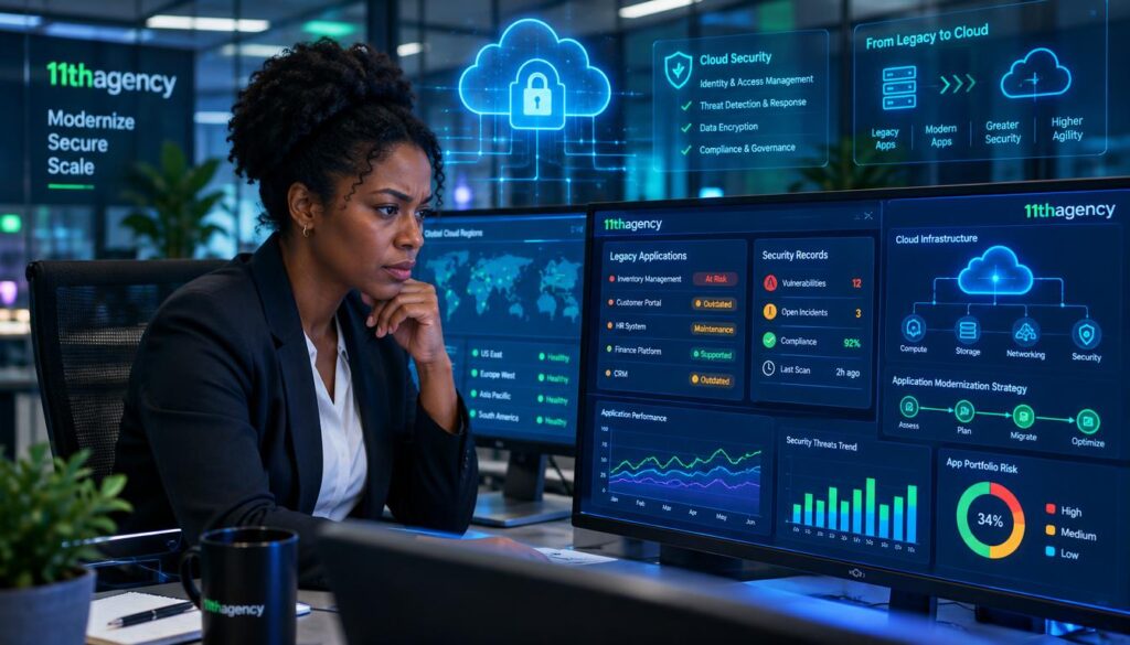 An engineer in professional business attire is intently reviewing legacy applications and security records on a high-tech cloud infrastructure dashboard. The foreground features a sleek modern desk with multiple monitors displaying colorful charts and graphs, reflecting complex data analytics. In the middle, the engineer, a Black woman, is focused on her work, her brow furrowed in concentration, surrounded by digital representations of cloud systems and cybersecurity elements. The background showcases a contemporary office setting with soft lighting, accentuated by blue and green hues for a tech-savvy atmosphere. The image captures a sense of determination and professionalism, symbolizing the challenge of navigating app modernization strategy. The branding "11thagency" subtly integrated within the interface elements.