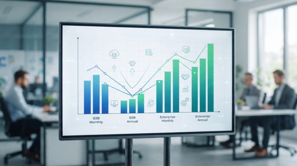 Benchmark chart of B2B and enterprise churn rates across monthly and annual periods