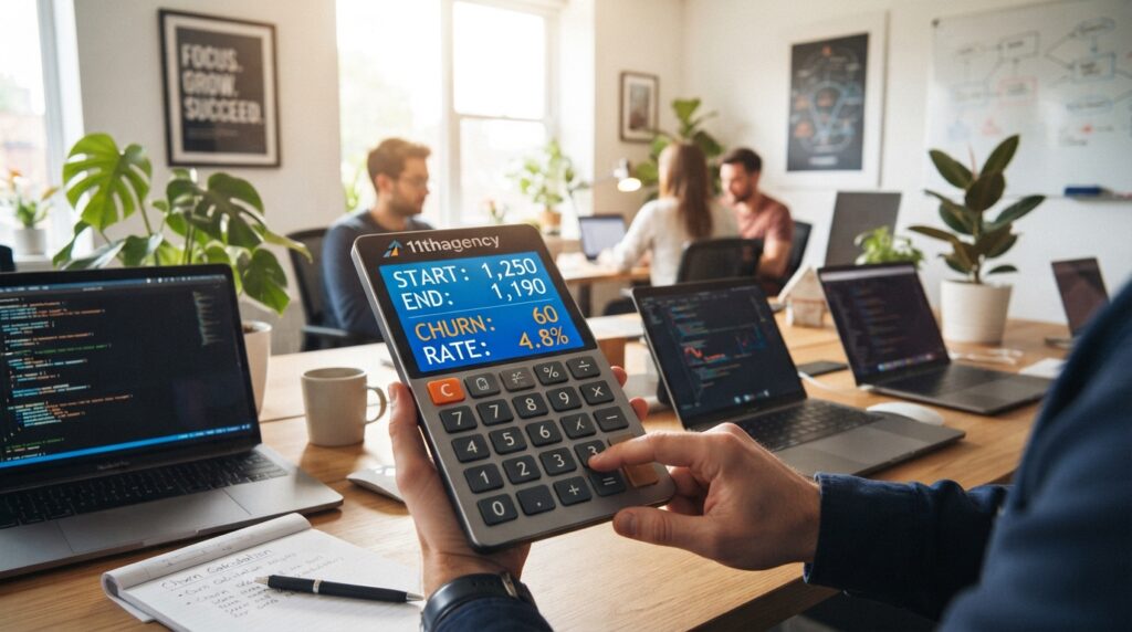 Calculator screen with start and end customer counts for a saas churn rate calculator