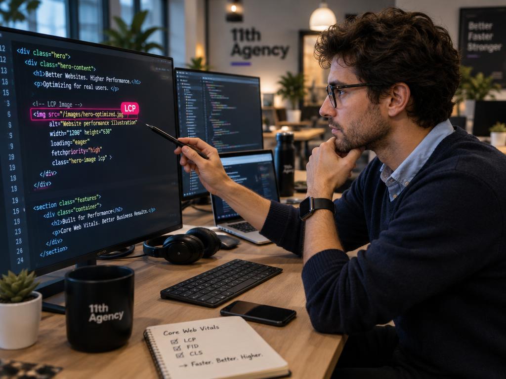 Developer marking the LCP image tag in HTML source for early loading