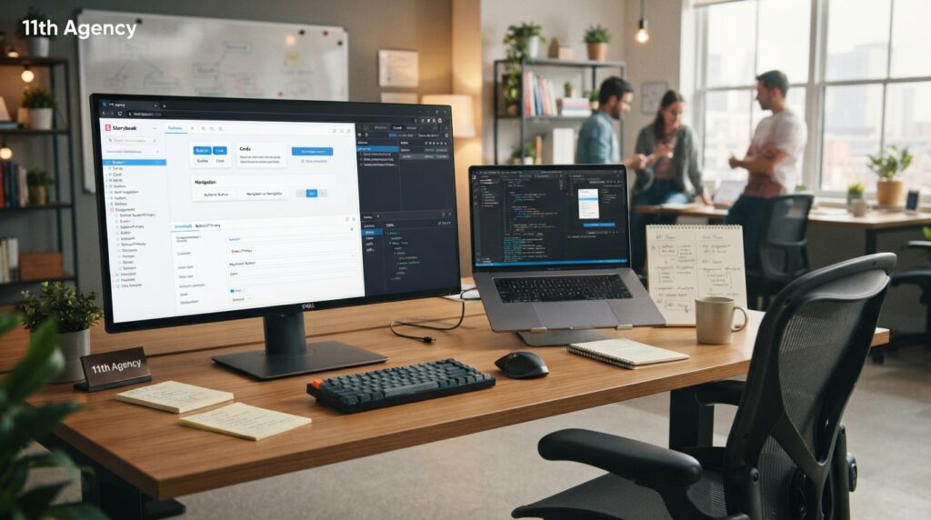 Developer tools like Redux and Storybook running beside a React user interface