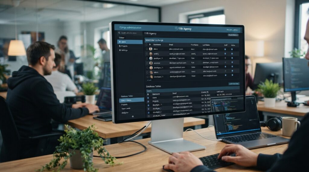 Django admin panel listing users and database tables for a web application