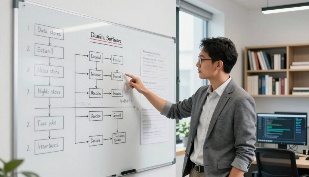 Engineer listing data stores, interfaces, and nightly batch jobs on a whiteboard
