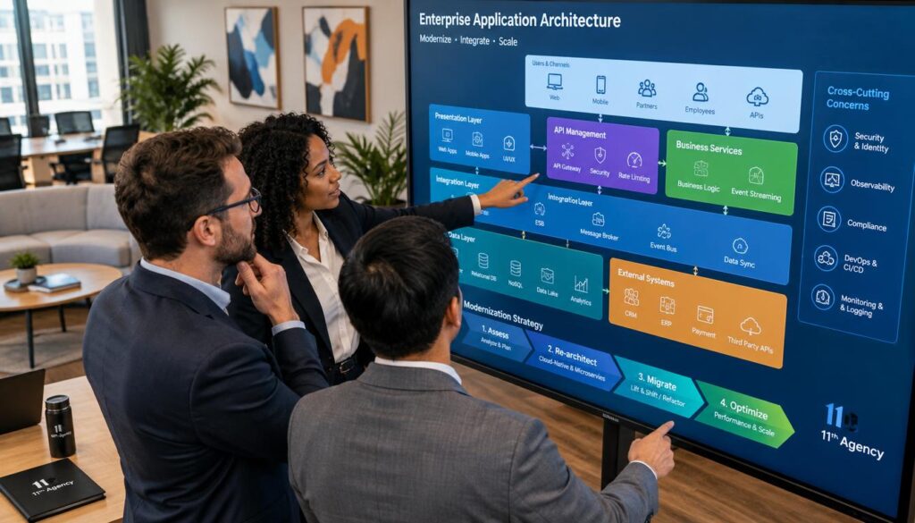 Engineers reviewing an enterprise application architecture diagram on a large screen
