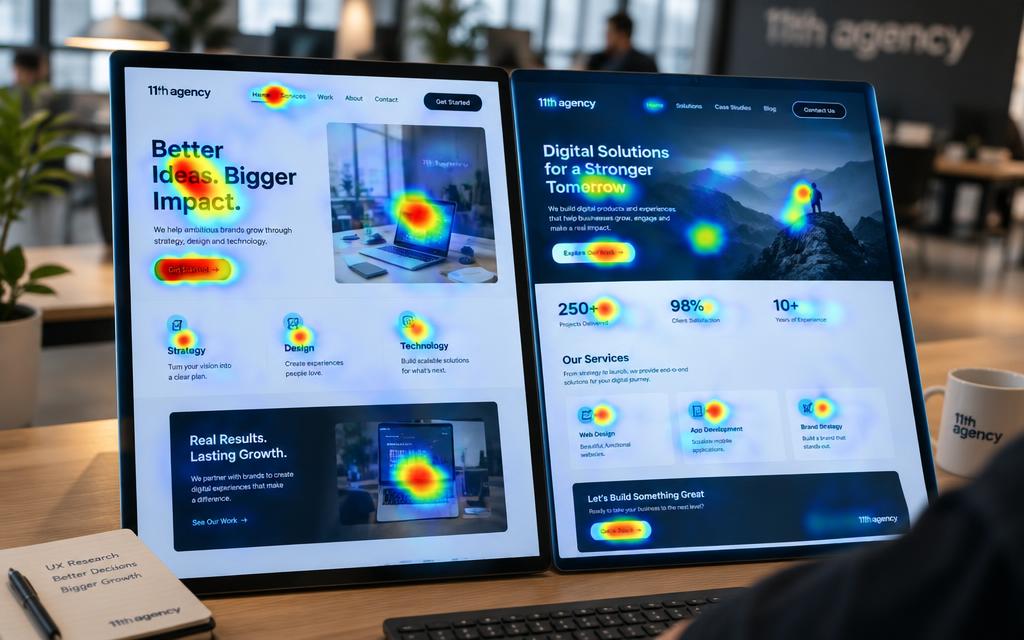 Eye tracking heat pattern on two website layouts side by side