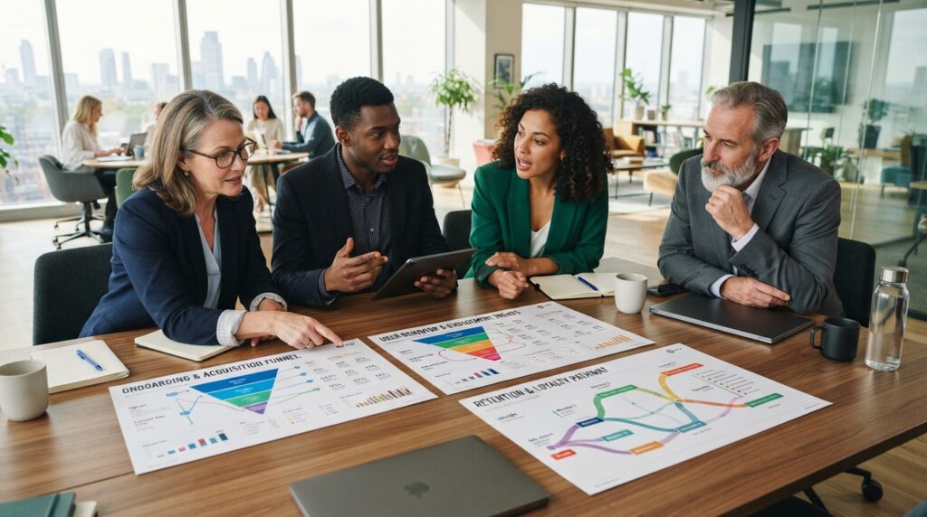 Four department leads comparing separate charts of one customer route on a table