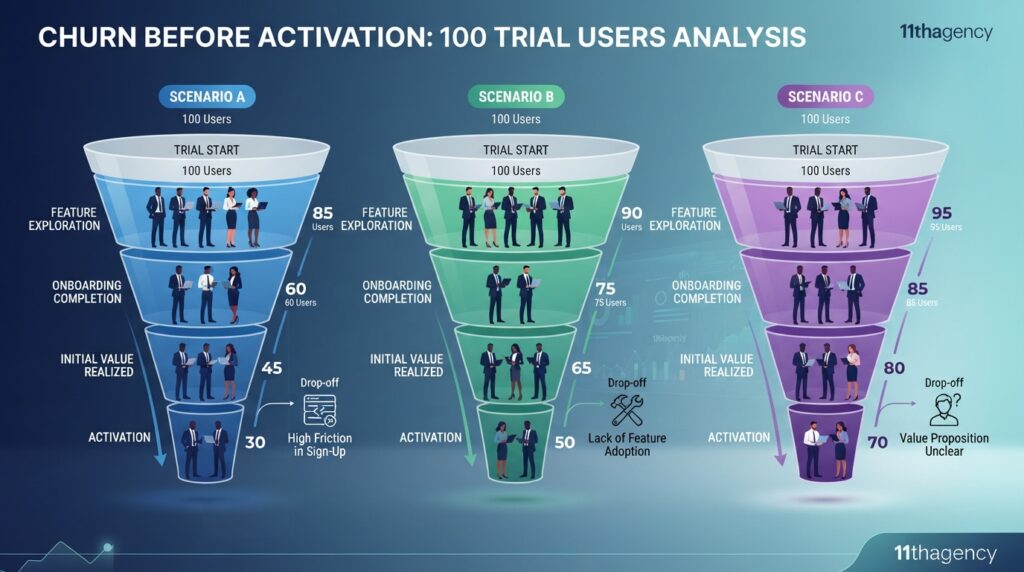 Funnel showing churn before activation across 100 trial users and three scenarios