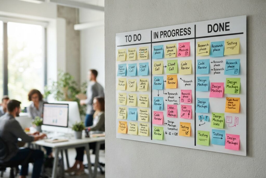 Kanban board with three columns and colorful sticky note cards on a wall