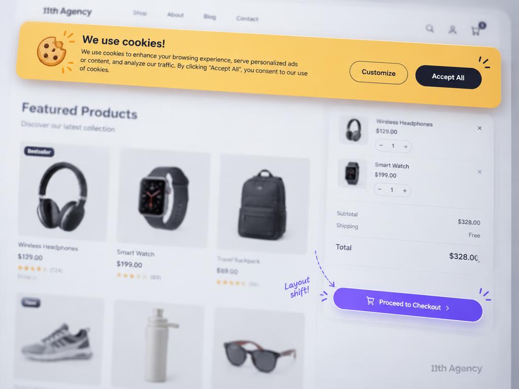 Layout shift example with a cookie banner pushing the checkout button down