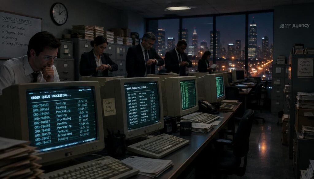 Old legacy systems queuing orders overnight while suppliers wait for updates