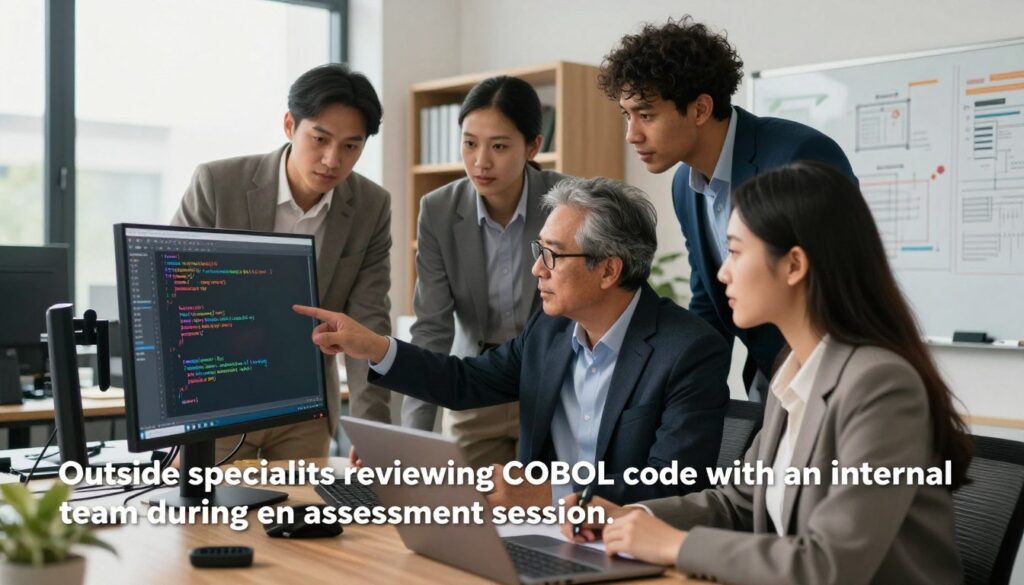 Outside specialists reviewing COBOL code with an internal team during an assessment session