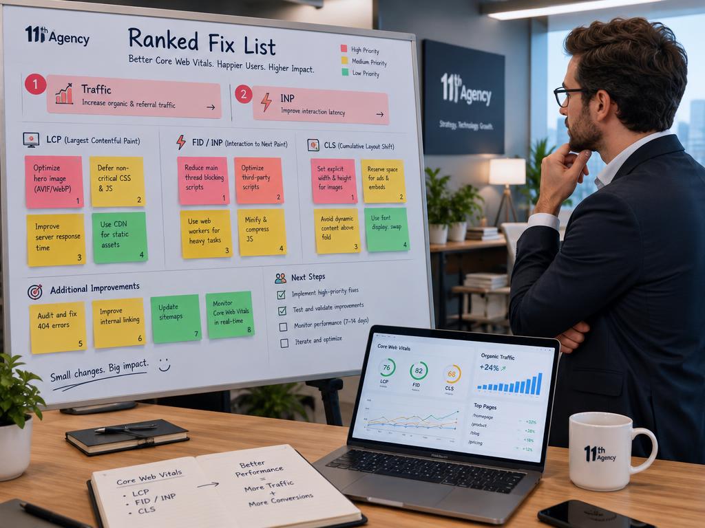 Ranked fix list with traffic and INP at the top on a project board