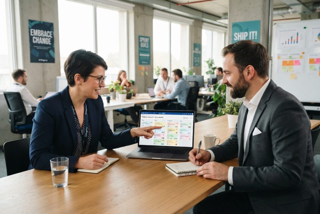 Scrum master and product owner reviewing the product backlog on a laptop screen