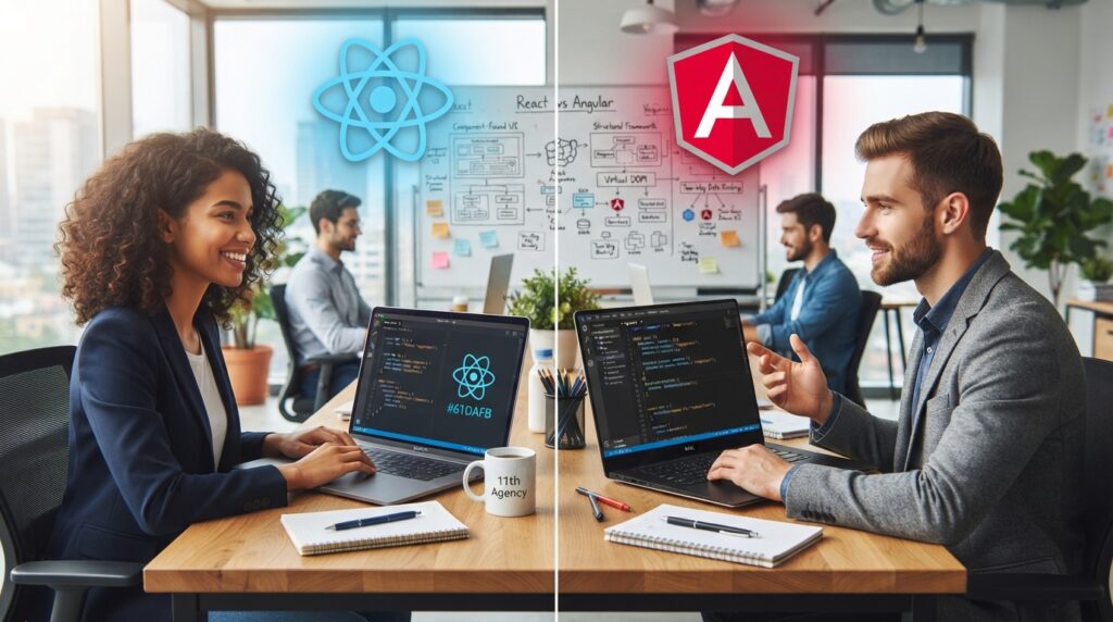 Side by side comparison of React as a library and Angular as a framework
