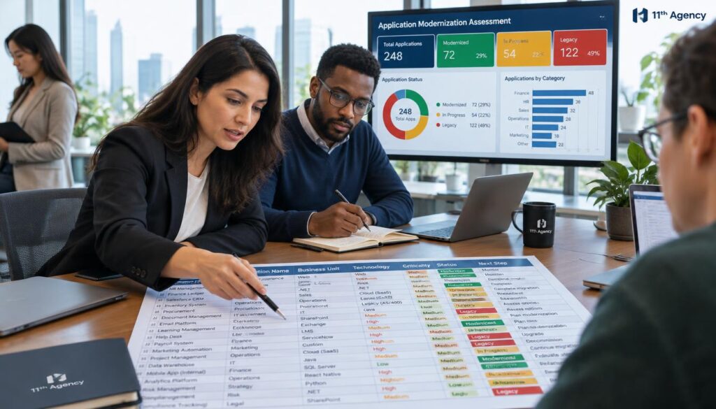 Staff listing each application on a spreadsheet during an application modernization assessment