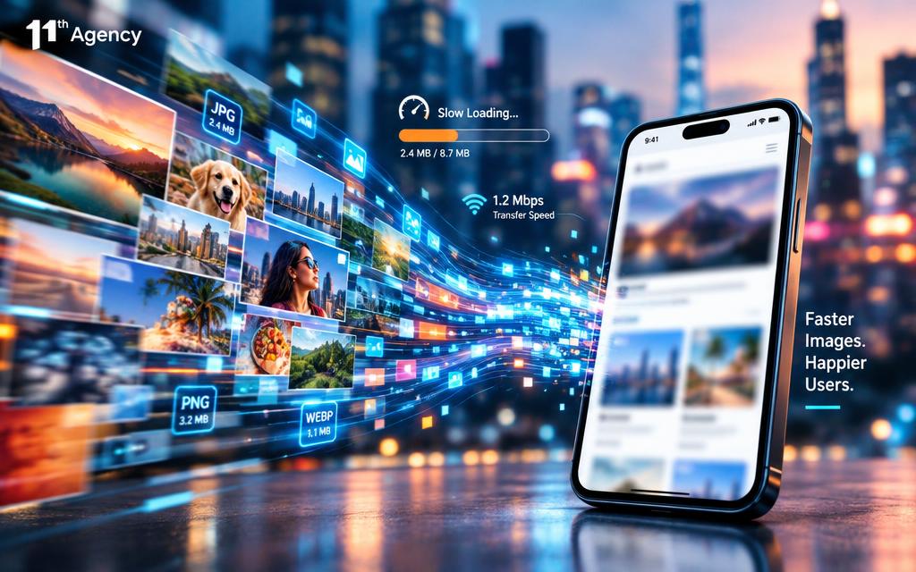 The file size of website images shown as data moving to a phone