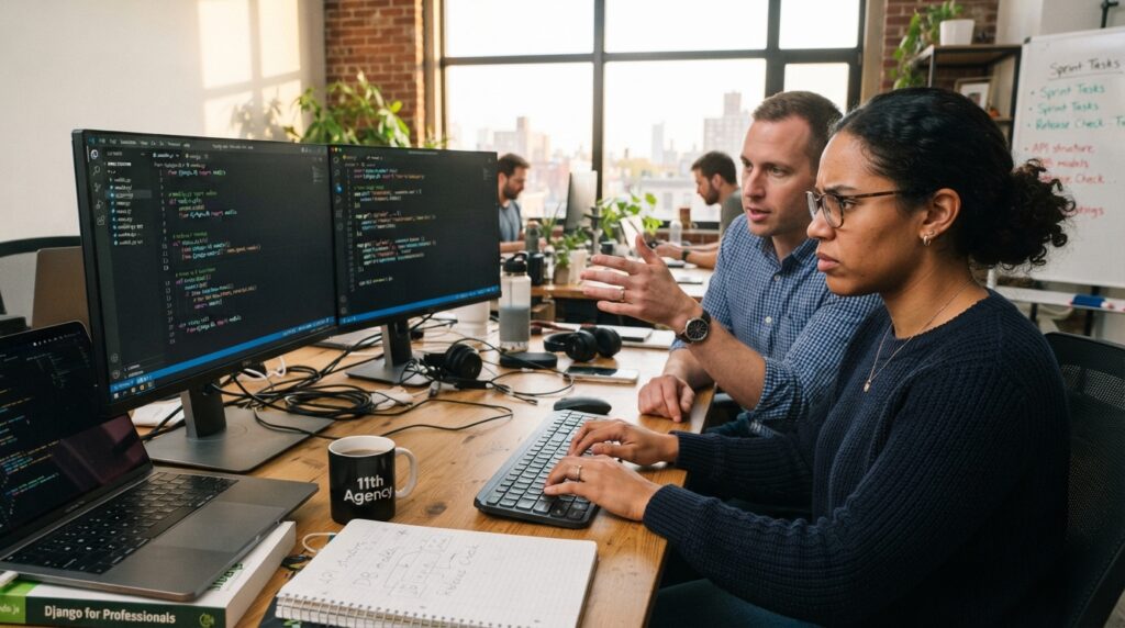Two developers pairing on a Django and Node.js project during a first release sprint