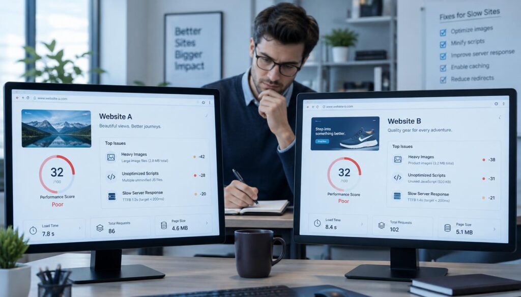 Two slow sites show the same score but need different first fixes.