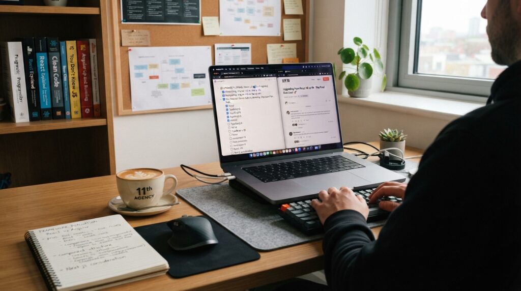 Upgrade checklist and community forum pages open on a developer's desk